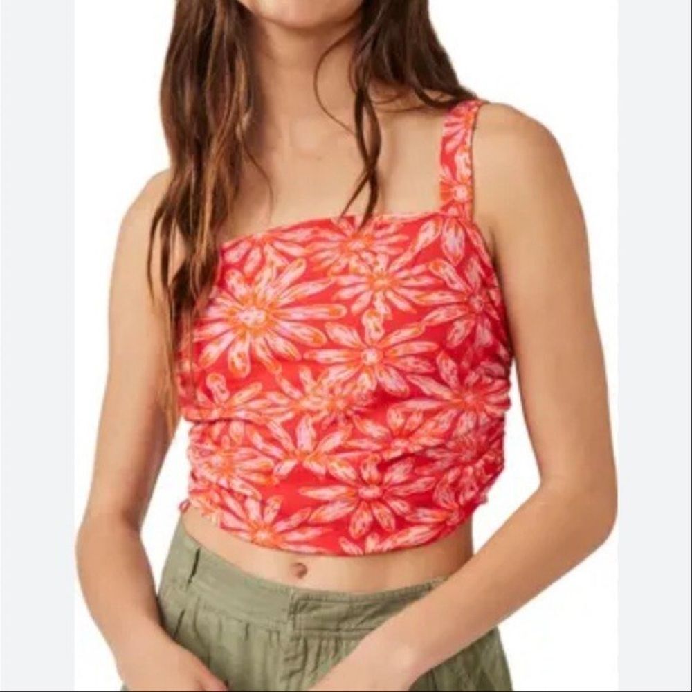 NWT Free People Red Floral Square Neck Wide Strap Cropped Tank Top